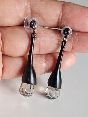 Antique Art Deco Black Drop Earrings with Clear Crystal